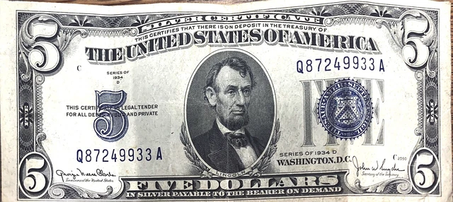 1934 Five Dollar Silver Certificate Blue Seals