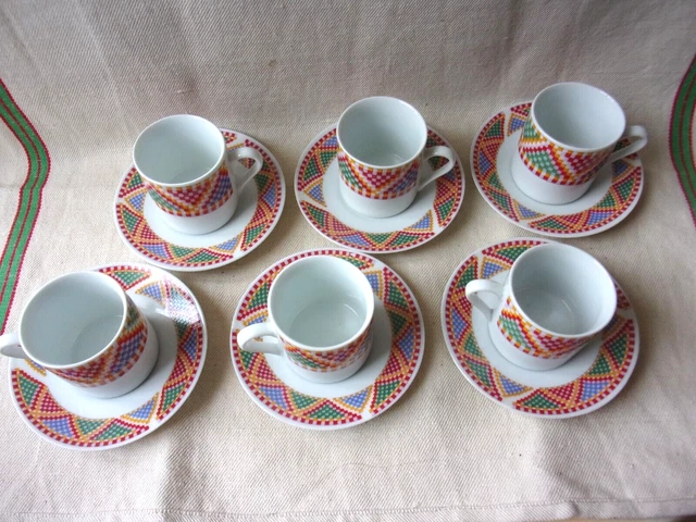 LOT Service 6 Tasses à Café Moka + Soucoupes en Fine Porcelaine VINTAGE Art Déco