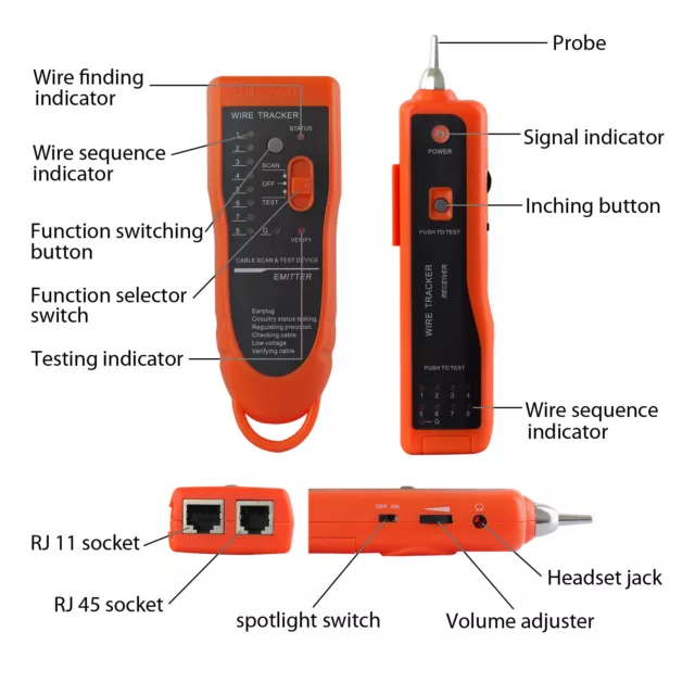 Cable Tester Wire Tracker Network Telephone Line Tracer Toner LAN Phone RJ11/45 3