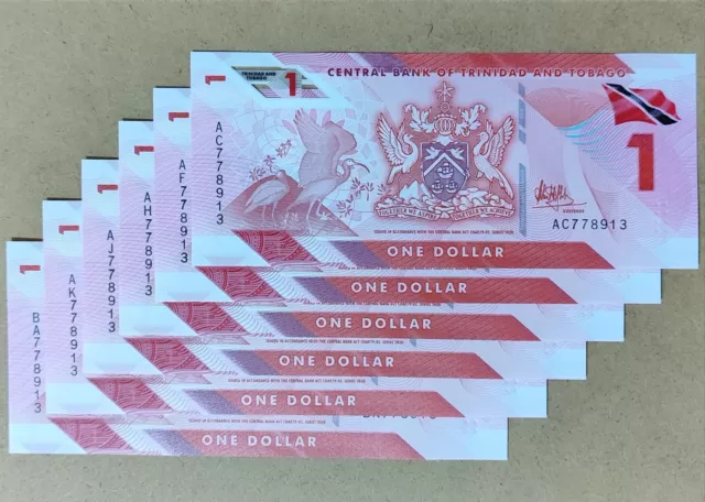 6pcs Same Serial Number Trinidad and Tobago 1 Dollar 2020 Pick 60 Polymer UNC