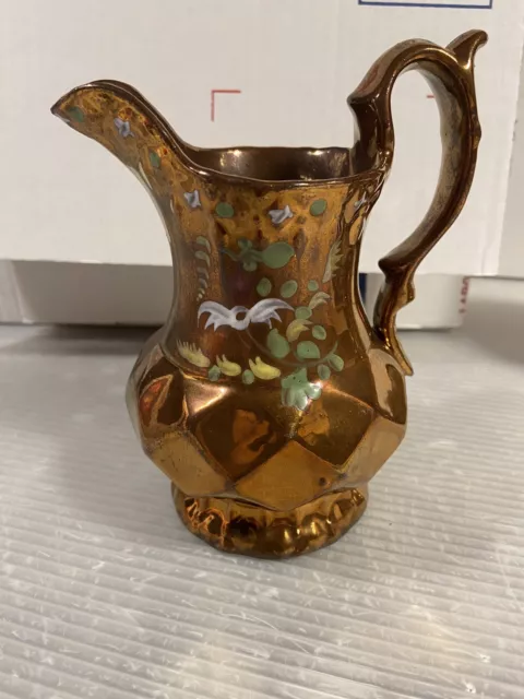antique COPPER LUSTREWARE Lusterware Pitcher JUG w/ HAND PAINTED FLORAL MOTIF