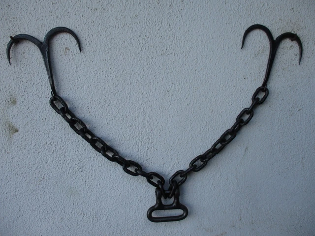Antique Wrought Iron 2 Double Hook With Chain Hanging Kitchen Rustic Farm Tool 11