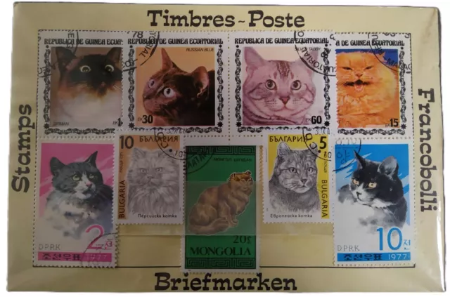 9 timbres de plusieurs pays ayant comme thème les chats