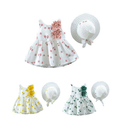 Toddler Baby Girls Summer Outfits Printed Tank Princess Dress+Hat Set Clothes UK