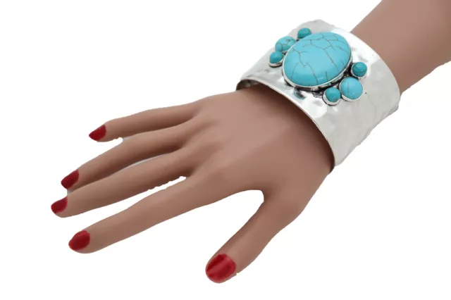 Women Ethnic Cuff Bracelet Silver Metal Turquoise Blue Bead Western Bling Look