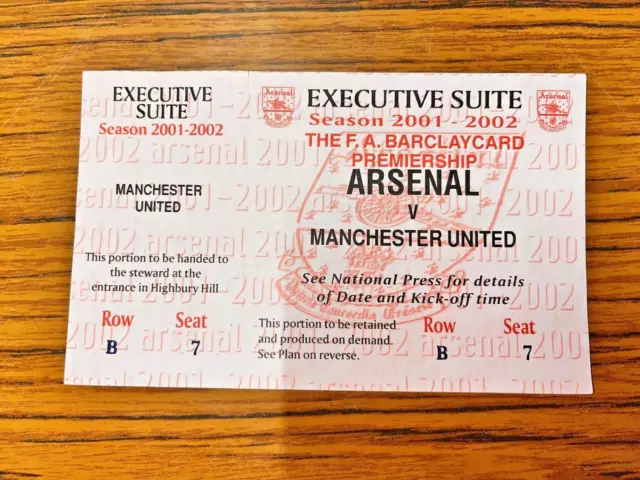 Arsenal vs Manchester United Unused Executive Suite Ticket 2001/2002 Season