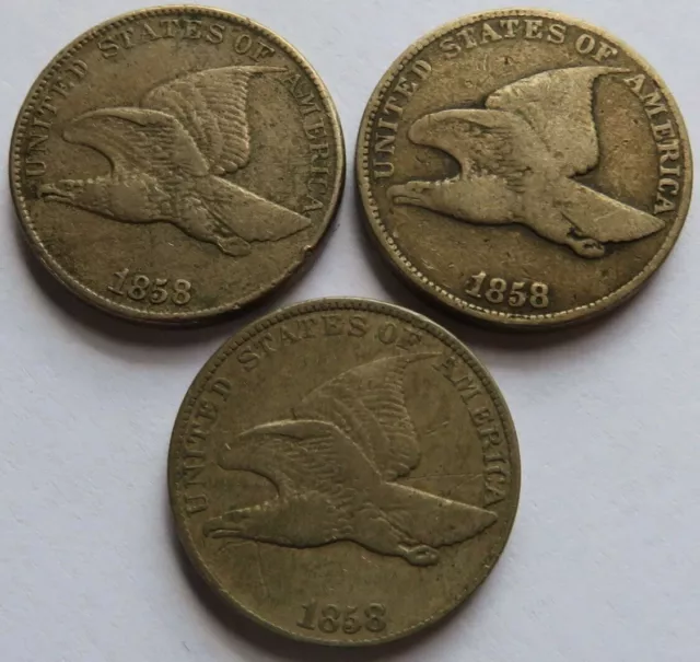 Three 1858 Flying Eagle Cents - F/VF/XF Details, Vintage. Reeded Edge Visible