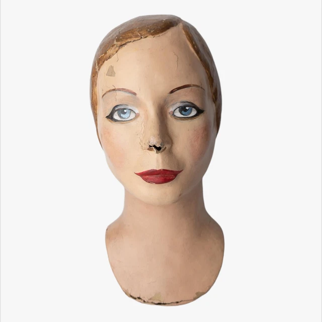 Antique Handmade Paper Mache Mannequin Head Hat Store Display Deco Flapper