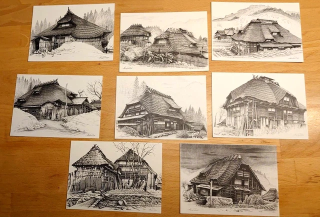 8 Postkarten,  "traditionelle Häuser in Shounai": aus Japan, ungelaufen, gemalt