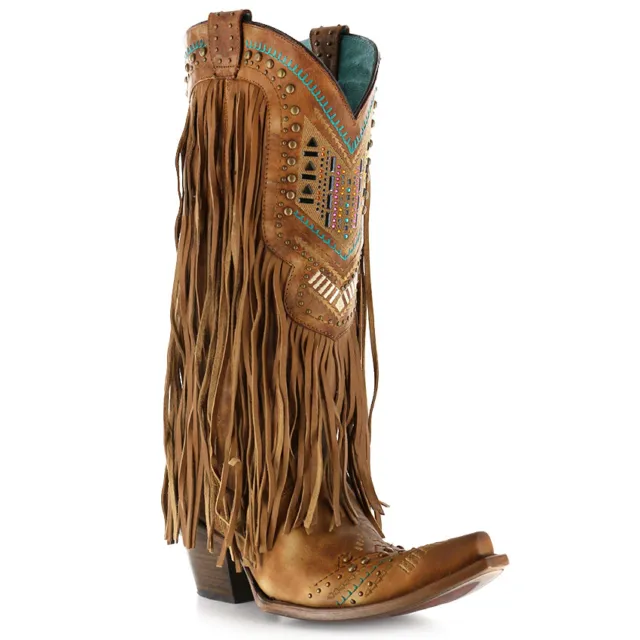 Corral Ladies Brown & Multicolor Crystal Fringe Snip Toe Boots C2910