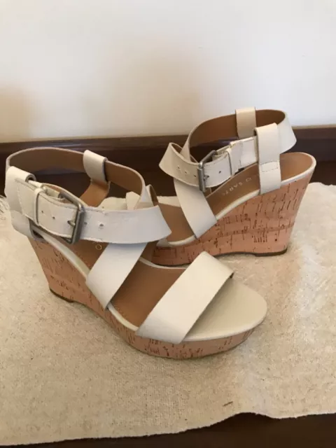 Franco Sarto Shania Cork Wedge Sandals/Soft White Leather/Buckle Ankle Strap 6M