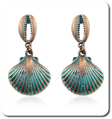Cowrie Shell Earrings Studs Sea Shells Metal Copper Turquoise Boho Hippie