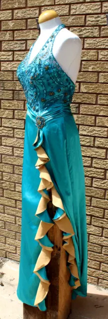 Tony Bowls Le Gala Halter Gown Turquoise Gold Formal Sequins Prom Dress S/M 2