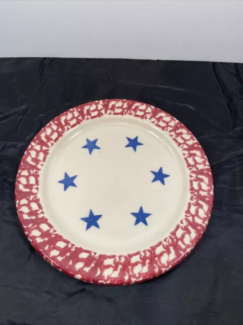 Roseville Spongeware Pottery Red Trim Blue Stars Small Plate  By Gerald Henn!