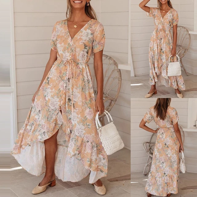 Générique Robe Longue Femme ete Boheme Chic Mariage invité Robe de Plage Femme Fluide Legere Maxi Robe Fendue Femme col v Manche Courte Simple Unie Robe Vintage Femme Retro Casual Vacances (AG, S