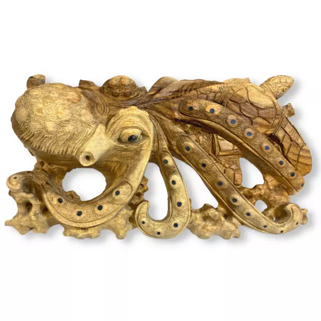 Octopus Sea life Statue Hand Carved Wood Sculpture nautical Decor Bali art