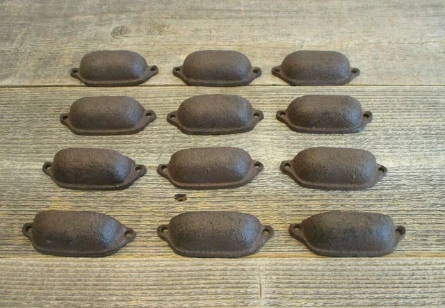 12 Cast Iron Brown 3" Ornate Pulls Drawer Cabinet Bin Handles Rustic Vintage