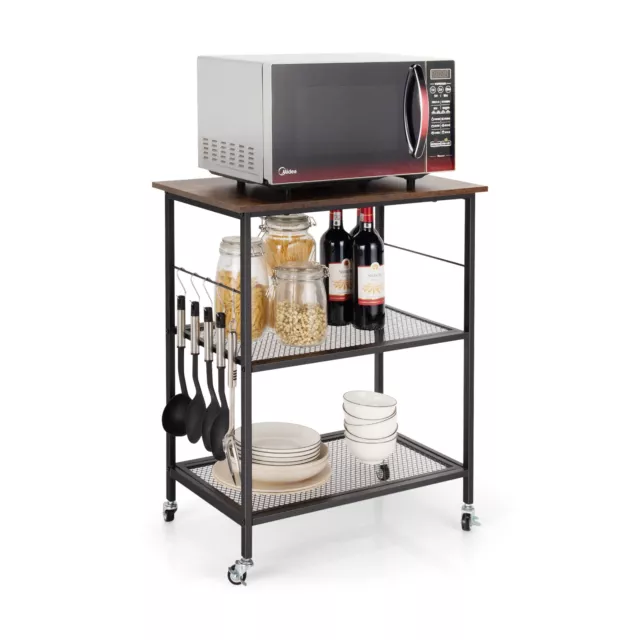 3-Tier Kitchen Serving Cart Utility  Standing Microwave Rack w/ Hooks Rustic