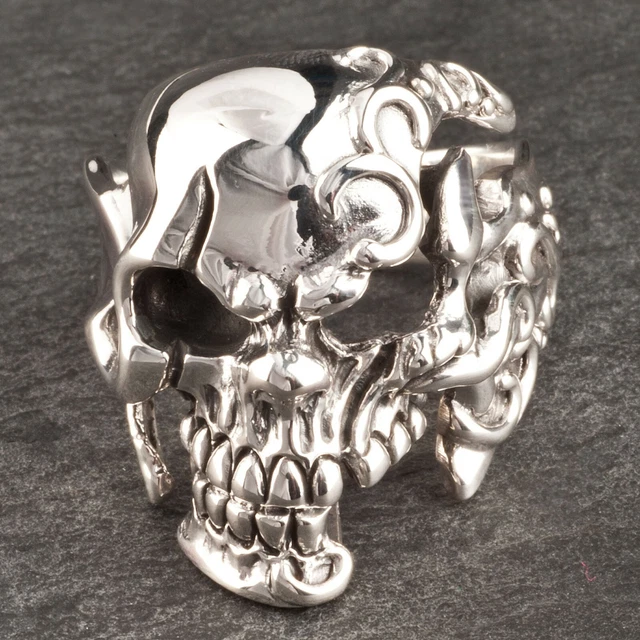 Bague Tête De Mort En Argent 925 Pour Homme - Taille 63 (20mm), Style Biker, Onyx