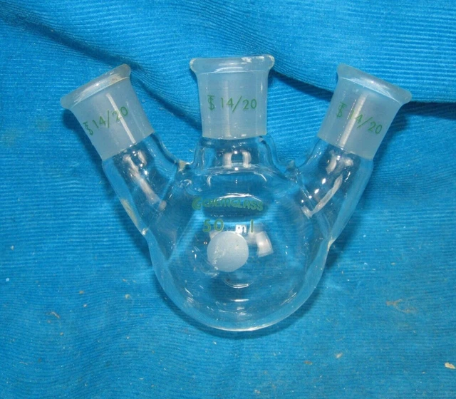 Chemglass 50ml 3 Neck Round Bottom Boiling Flask, 10/14 Three Neck