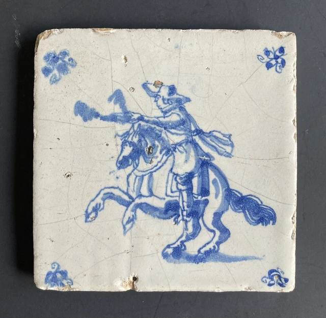Antique 17th Century Delft Hand Painted Dutch Tile Man on Horse Circa 1600’s