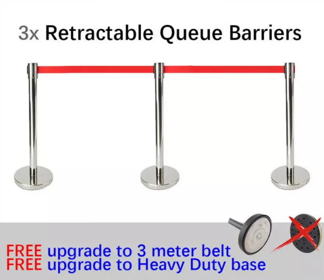 3x Queue Barriers Crowd Control 3 meter Retractable Belt stanchions