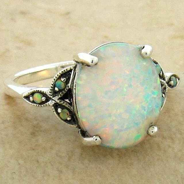 Antique Style 925 Sterling Silver Victorian Design Lab-Created Opal Ring    #581