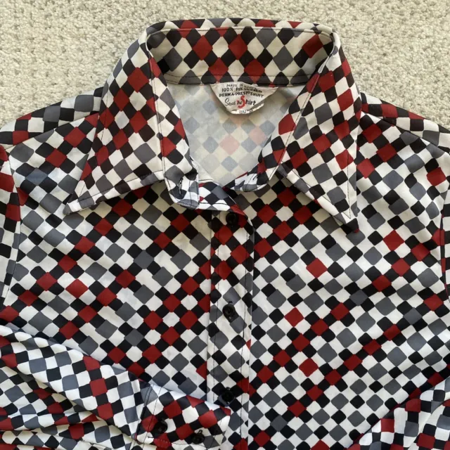 Vintage 70s Sears Size 10 The Shirt Polyester Disco Gray Red Checkerboard