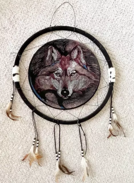 Native American Wool Dream Catcher Wolf Fur Large Feather Mandala Ring Vintage