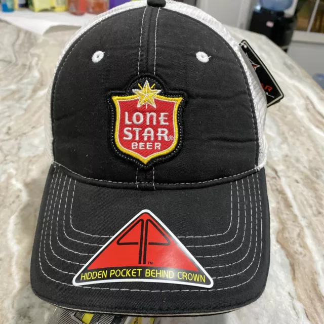 Lone Star Beer Hat Ball Cap Black Logo Patch Flex Fit M / L Hidden Pocket Black