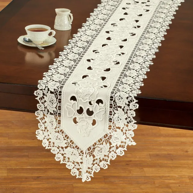 Elegant Intricate Cutwork Rosebud Lace Border Polyester Table Runner