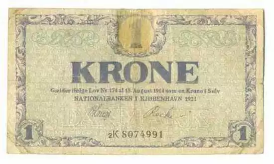 Denmark Kingdom National Bank Copenhagen 1 Krone 1921 VG/F