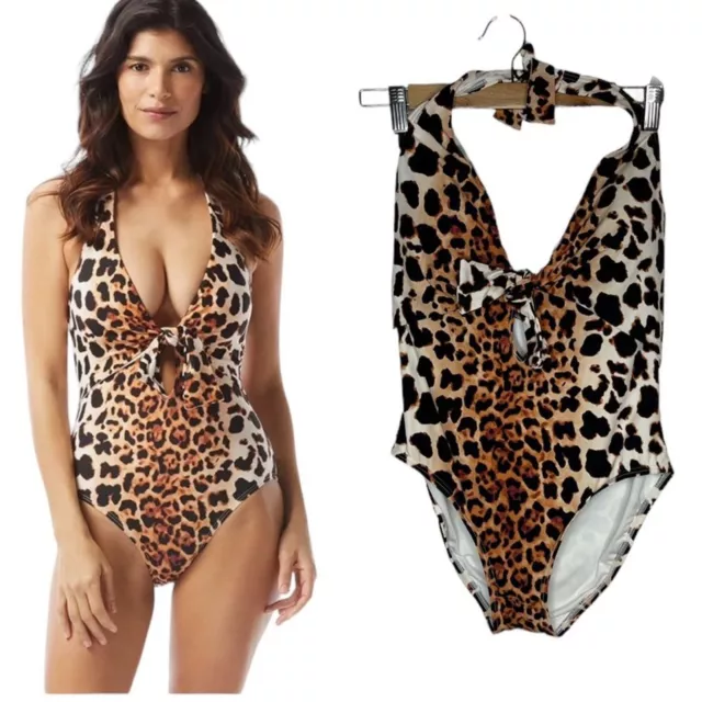 Vince Camuto Tie-Front Halter-Neck one piece Swimsuit leopard print size 14, NWT