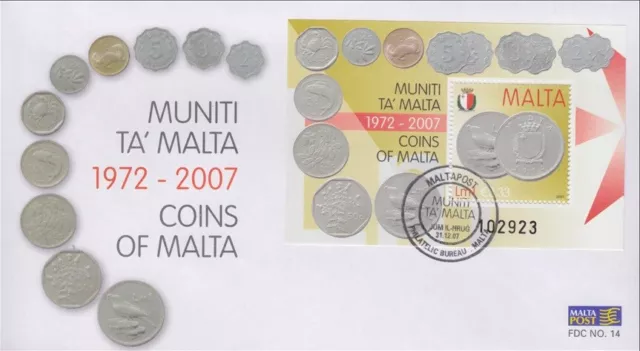 Malta 2007 First Day Cover of Block with Stamp Coins of Malta 1972-2007 MNH