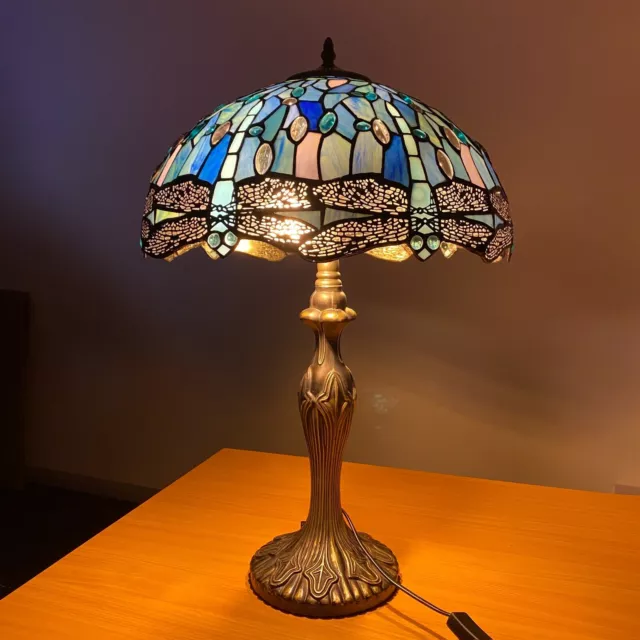 Tiffany Blue Dragonfly Table Lamp 16 inch Style HandCrafted Stained Glass Shade.