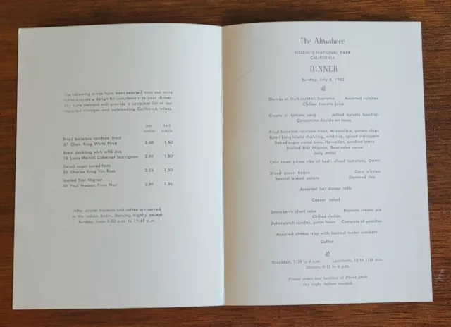 Ansel Adams photograph on Yosemite hotel Ahwahnee Dinner Menu 1962 NATIONAL PARK 2