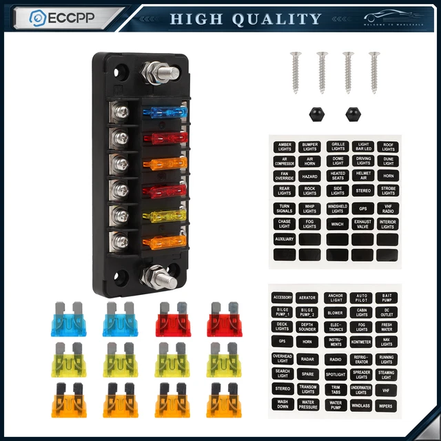 6 Way Blade Fuse Box Block Waterproof Cover With 12 Blade Fuses For Marine Car