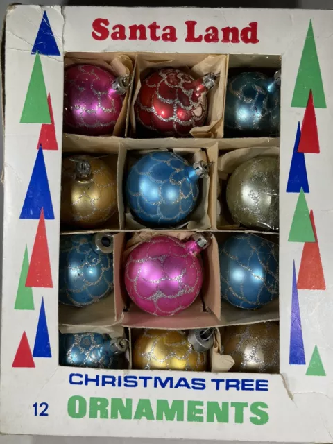 12 Vintage Santa Land Hand Blown Mica Glitter Christmas Tree Ornaments in Box