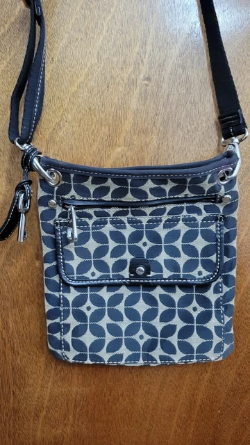 Fossil brown and black Canvas Crossbody Purse Bag Leather two front pocket Bag