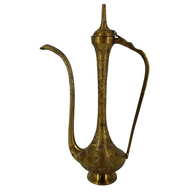 Vintage Brass Tea Water Pot Carafe Pitcher 10" Floral Etched India Home Decor