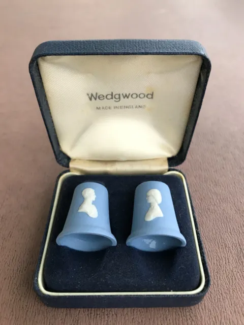 Pair of Wedgwood blue Jasper timbles with images of Charles and Diana