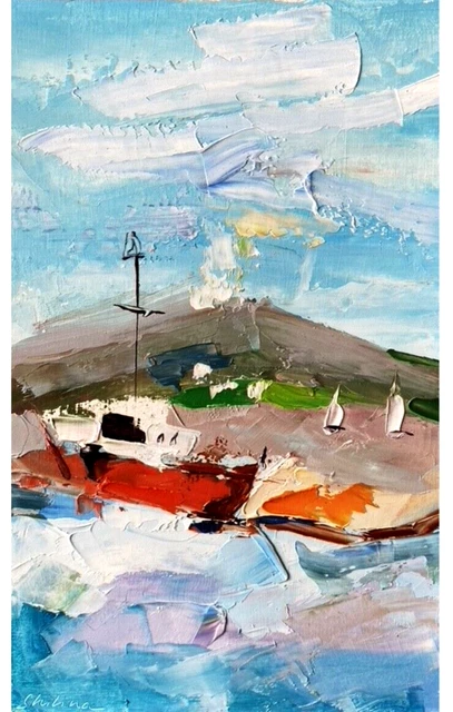 Faro Pintura al óleo Paisaje marino Obra ORIGINAL para paredes Miniatura...