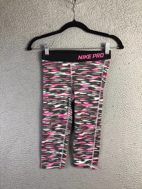 Nike Pro Pants Girls M Pink/Gray Camo Compression Training 3/4 Length Capri