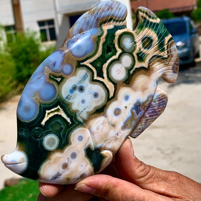 294G  Amazing Natural Ocean Jasper Crystal Carved Fish Jasper Halo Stone