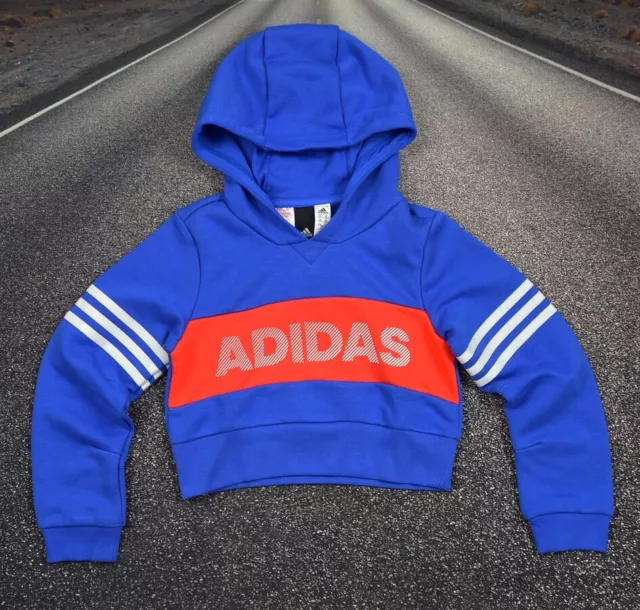 Adidas YG ID CR HOODIE Kinder Kapuzen Pullover Cropped Pulli Sweatshirt blau/rot