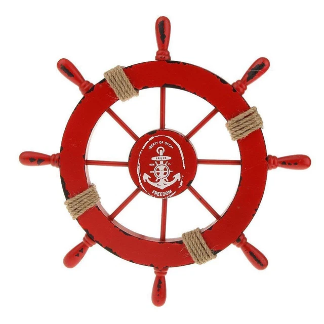 Nautical Bedroom Wall Decor - Wooden Beach Boat Steering Wheel (Red)