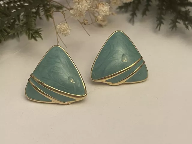 Vintage Signed Trifari Gold Tone Green Enamel Earrings Pierced