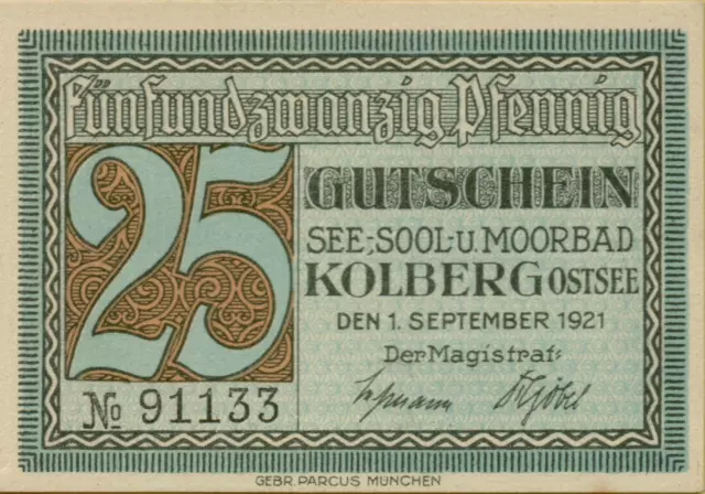 4737: Banknote Notgeld Gutschein 25 Pfennig Kolberg Ostsee Pommern 1921