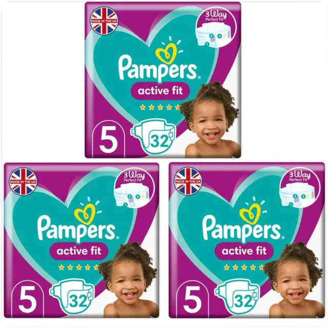 3X Pampers Baby Nappies Size 5 (11-16 kg/24-35 Lb), Active Fit 32 Nappies