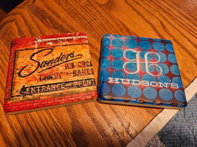 TWO Detroit Art Coasters -Corked Backs-Art Pottery 4" Squares-Hudson's & Sanders